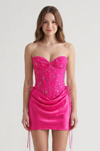 Pink Sweetheart Sheath Corset Ruched Satin Homecoming Dress with Beading - Curvevia