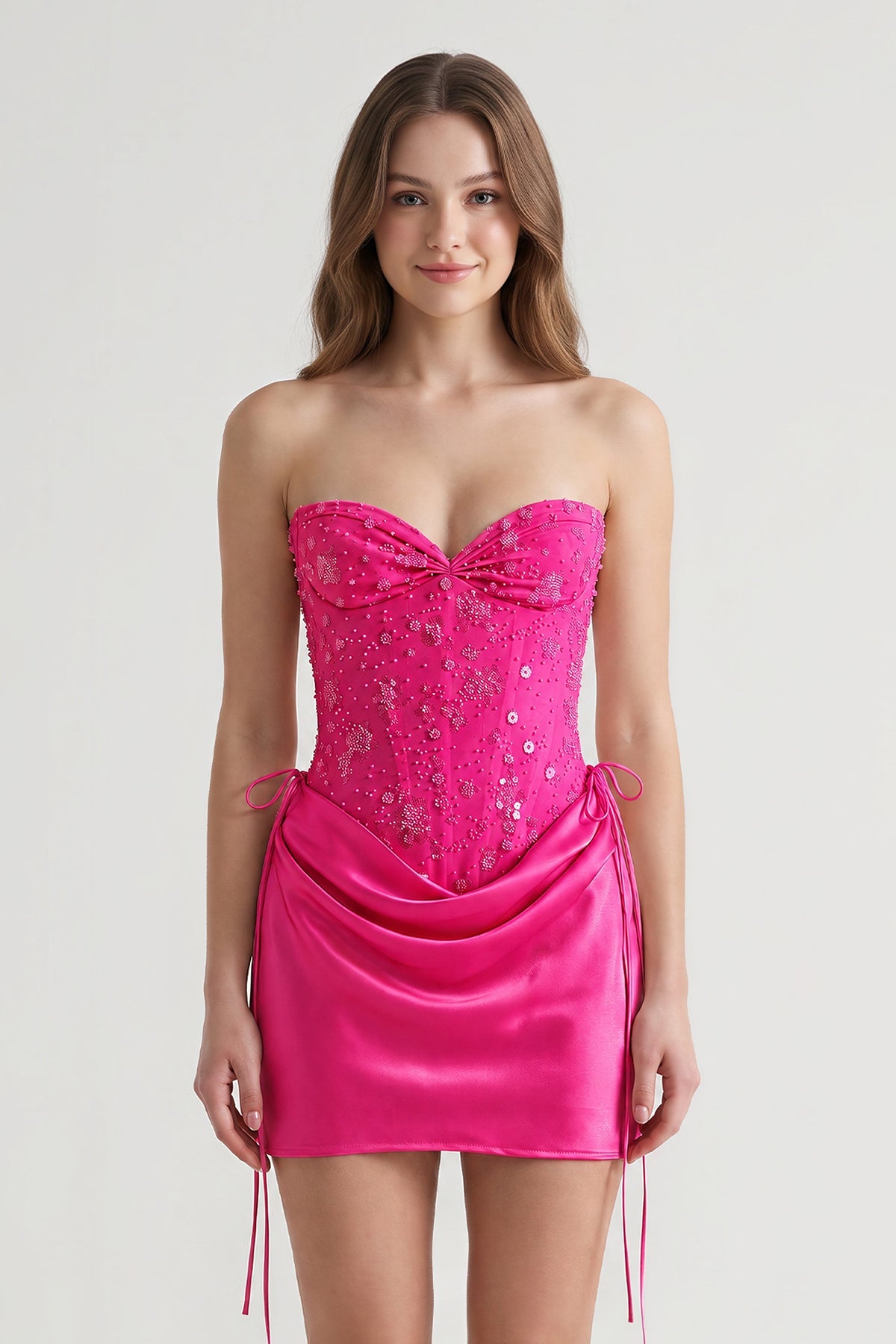 Pink Sweetheart Sheath Corset Ruched Satin Homecoming Dress with Beading - Curvevia
