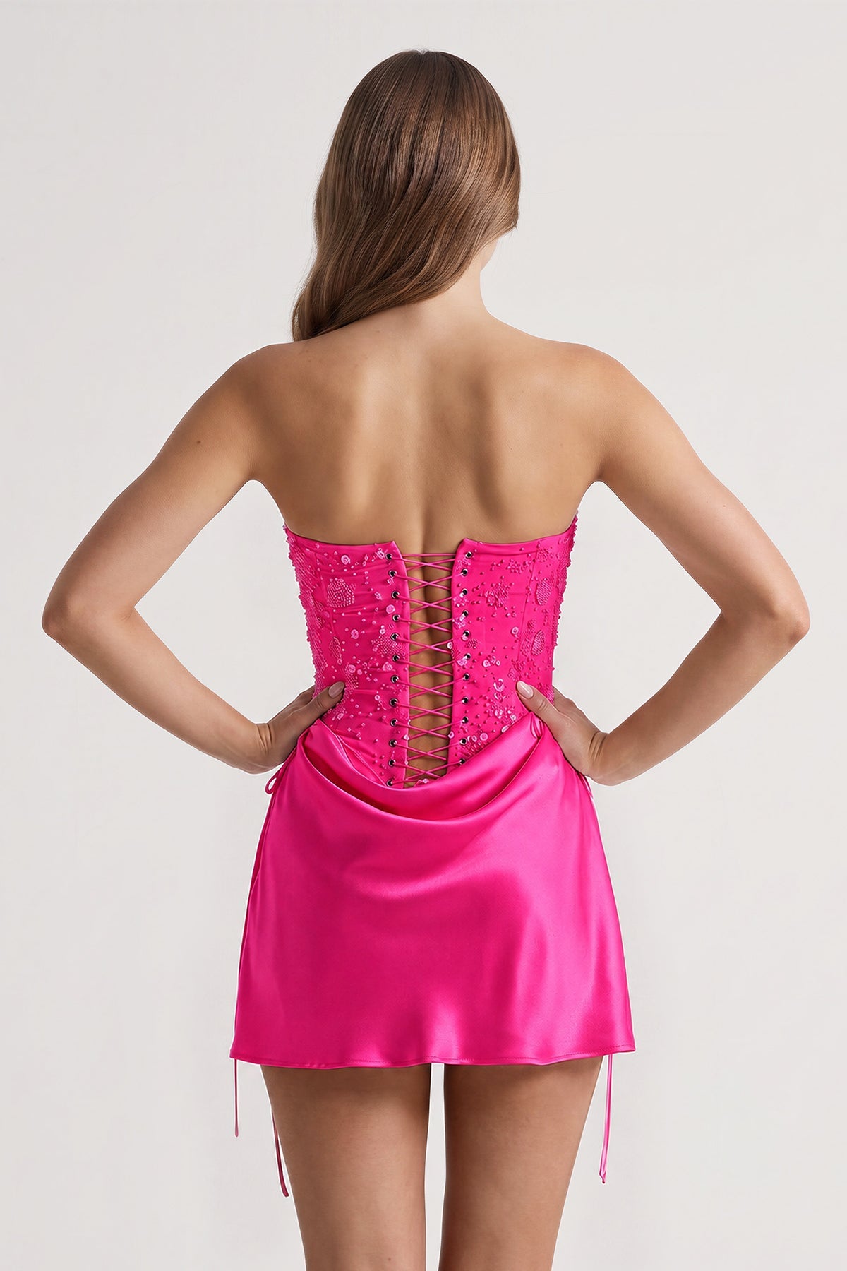 Pink Sweetheart Sheath Corset Ruched Satin Homecoming Dress with Beading - Curvevia