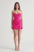 Pink Sweetheart Sheath Corset Ruched Satin Homecoming Dress with Beading - Curvevia