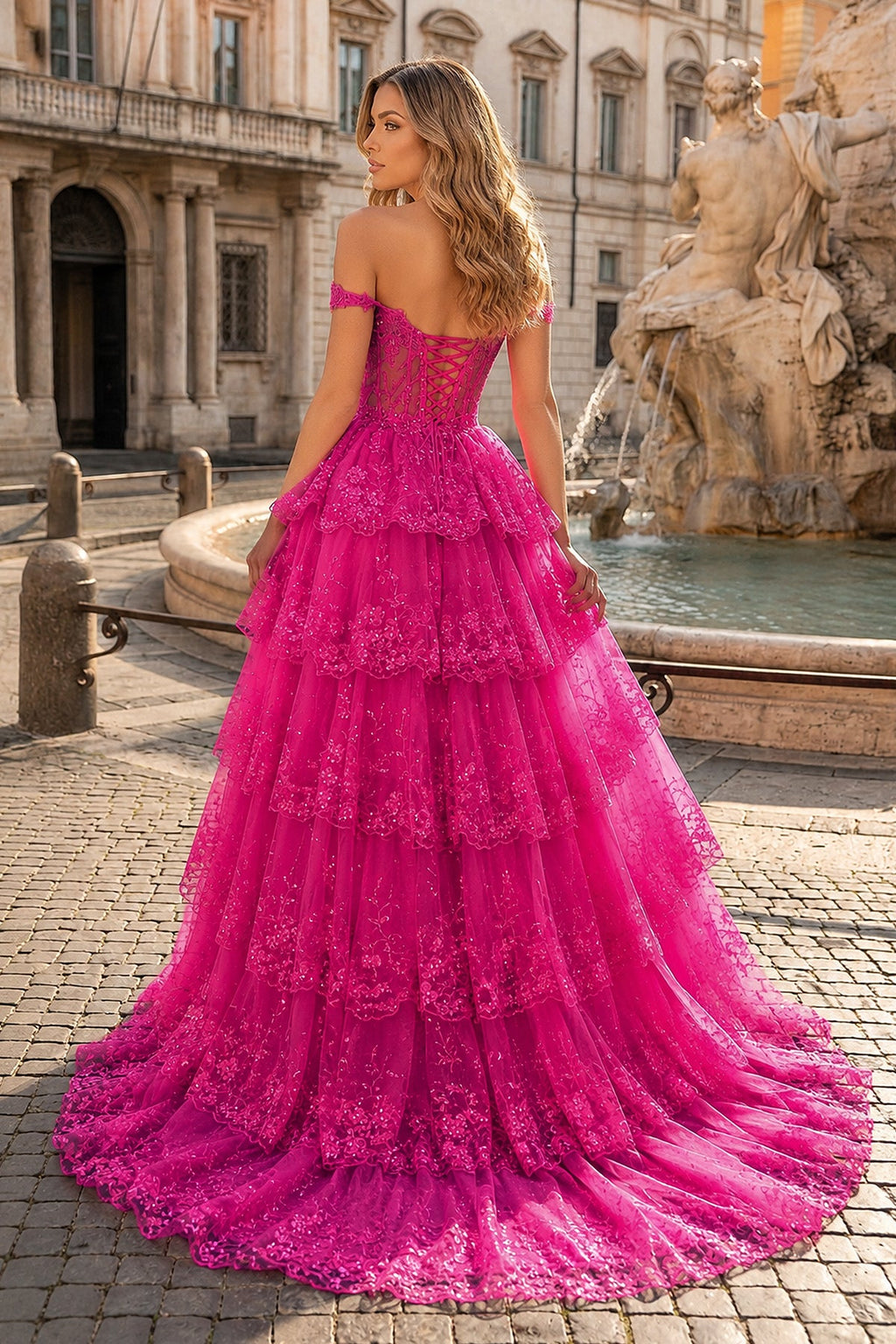 Periwinkle Tulle Appliques Off-the-Shoulder Ruffle Long Wedding Guest Dress - Curvevia