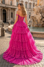 Periwinkle Tulle Appliques Off-the-Shoulder Ruffle Long Wedding Guest Dress - Curvevia