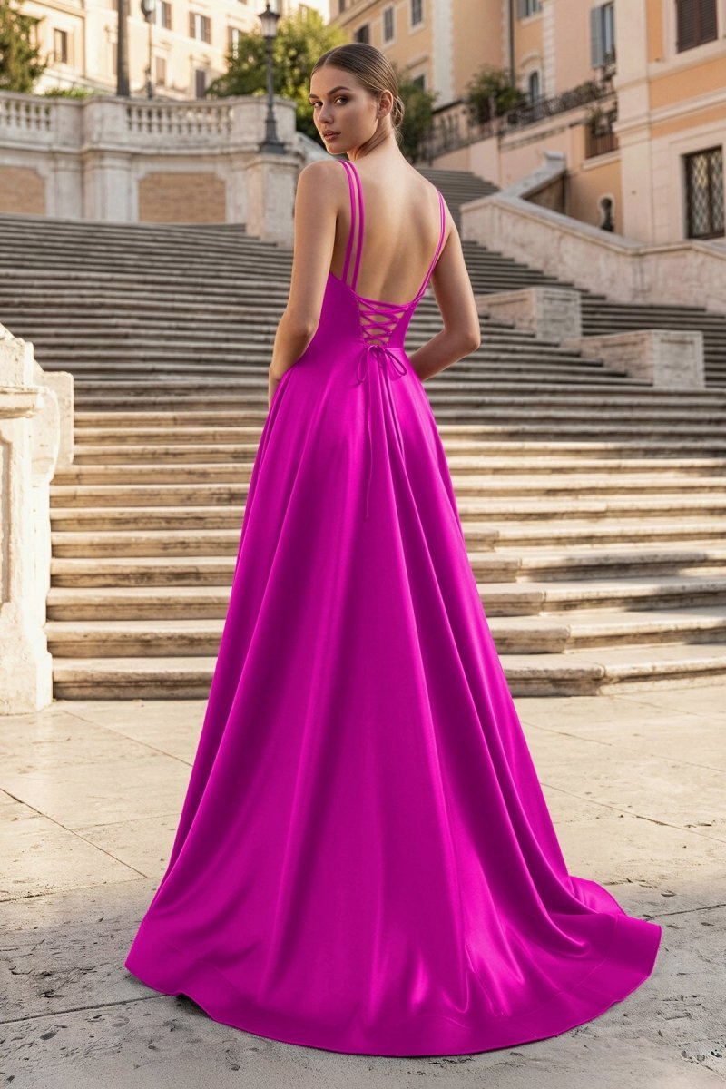 Burgundy Spaghetti Straps A Line Satin Long Prom Dresses With Slit - Curvevia