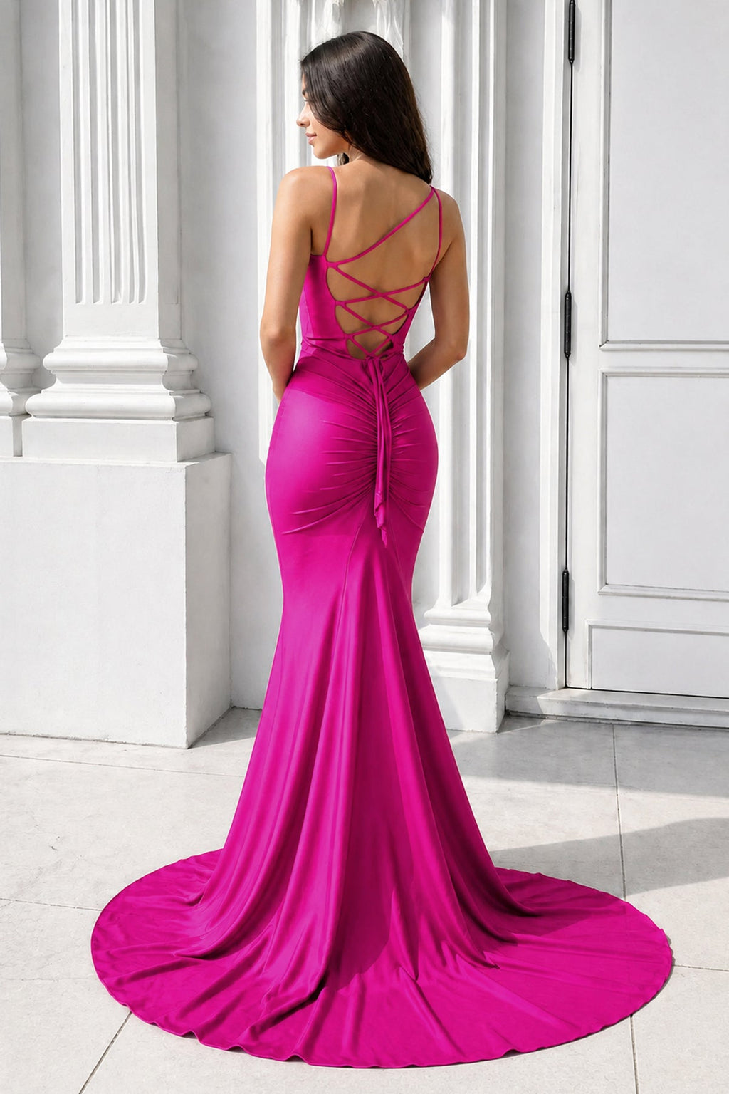 Purple Spaghetti Straps Lace-Up Mermaid Long Evening Dress - Curvevia