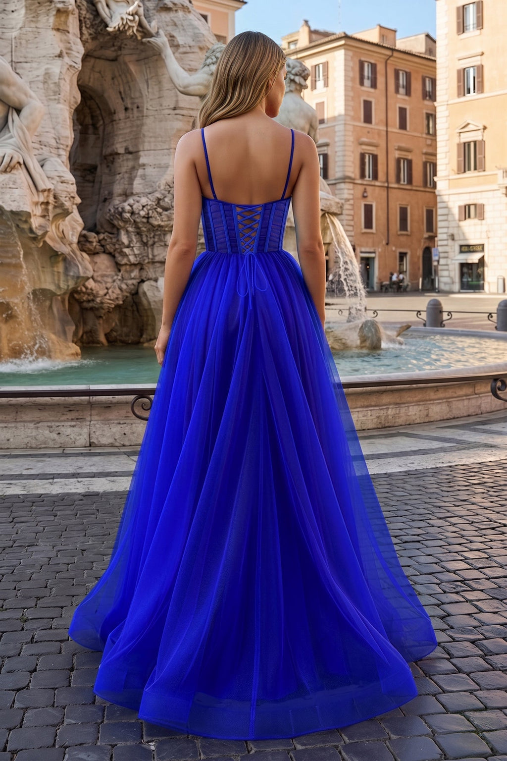 Fuchsia Spaghetti Straps Sheer Bodice A-Line Long Prom Dress with Slit - Curvevia