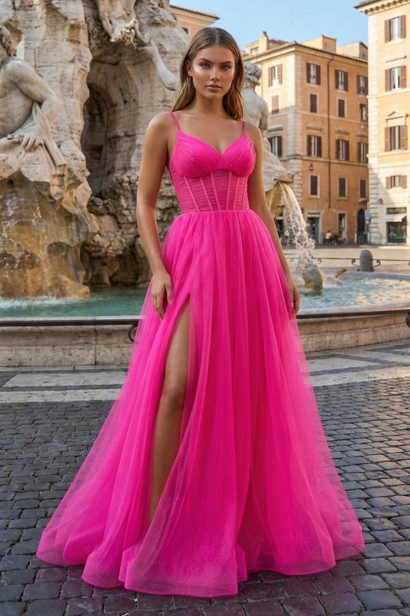 Fuchsia Spaghetti Straps Sheer Bodice A-Line Long Prom Dress with Slit - Curvevia