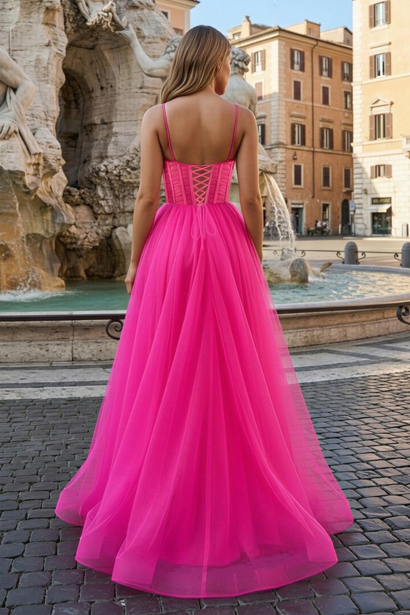 Fuchsia Spaghetti Straps Sheer Bodice A-Line Long Prom Dress with Slit - Curvevia