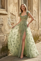 A-line Butterfly Lace Lilac Corset Prom Dress with Slit - Curvevia