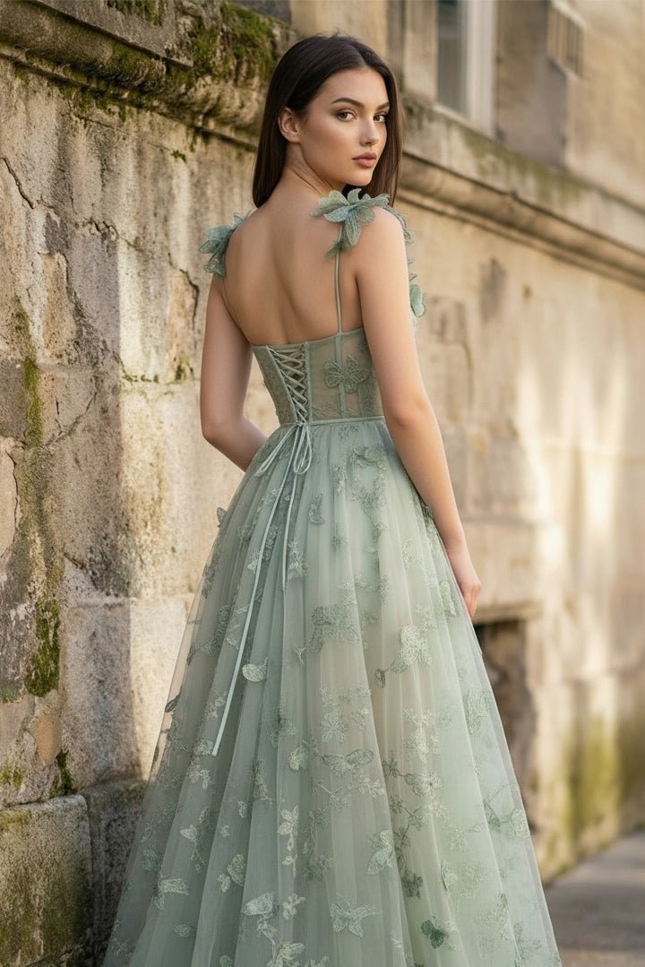 A-line Butterfly Lace Lilac Corset Prom Dress with Slit - Curvevia