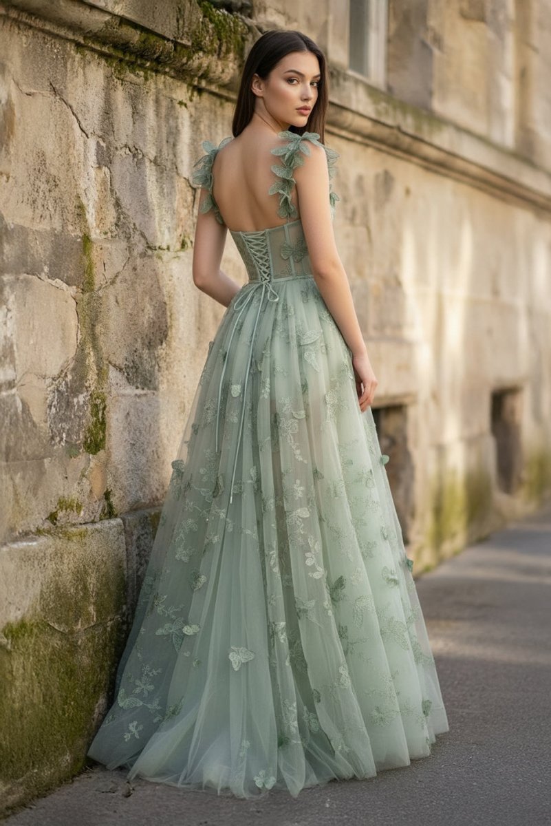 A-line Butterfly Lace Lilac Corset Prom Dress with Slit - Curvevia