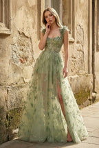 A-line Butterfly Lace Lilac Corset Prom Dress with Slit - Curvevia