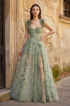 A-line Butterfly Lace Lilac Corset Prom Dress with Slit - Curvevia