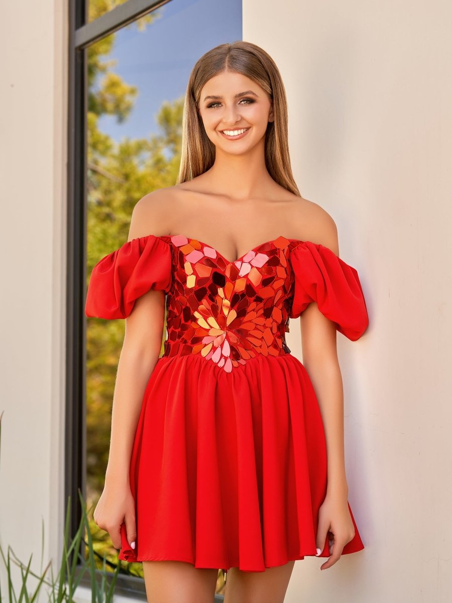 A-Line Short Red Cut-Glass Sweetheartg Dress - Curvevia