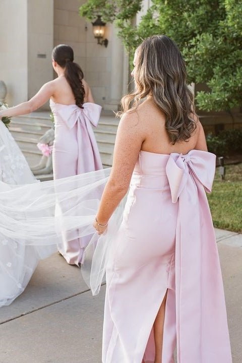 Strapless Pink Scoop Pleated Satin Long Bridesmaid Dress With Big Bow - Curvevia