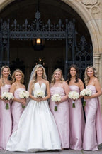 Strapless Pink Scoop Pleated Satin Long Bridesmaid Dress With Big Bow - Curvevia