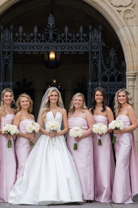Strapless Pink Scoop Pleated Satin Long Bridesmaid Dress With Big Bow - Curvevia