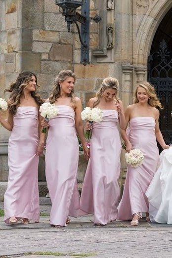 Strapless Pink Scoop Pleated Satin Long Bridesmaid Dress With Big Bow - Curvevia