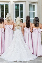 Strapless Pink Scoop Pleated Satin Long Bridesmaid Dress With Big Bow - Curvevia