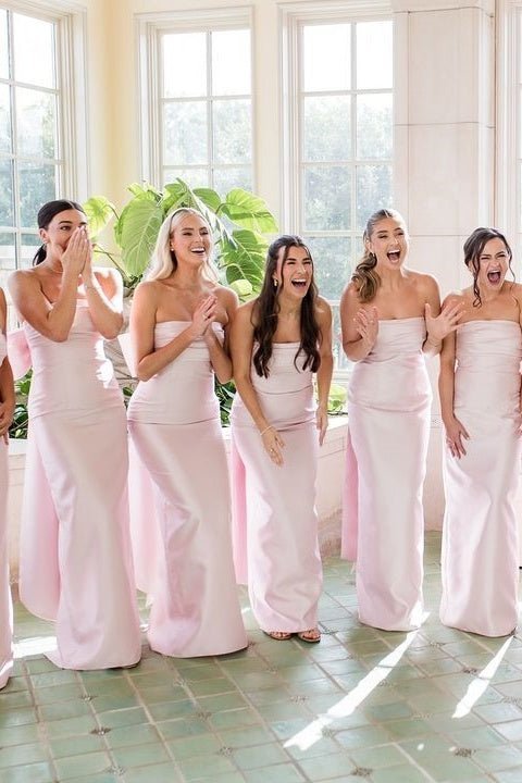 Strapless Pink Scoop Pleated Satin Long Bridesmaid Dress With Big Bow - Curvevia
