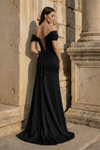 Yellow Mermaid Off The Shoulder Satin Long Evening Dress With Flowers - Curvevia