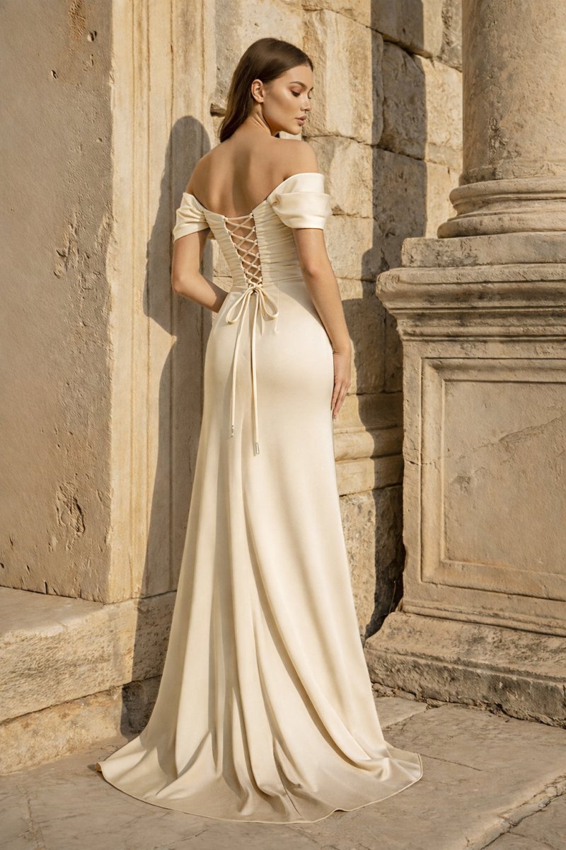 Yellow Mermaid Off The Shoulder Satin Long Evening Dress With Flowers - Curvevia