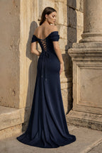 Yellow Mermaid Off The Shoulder Satin Long Evening Dress With Flowers - Curvevia