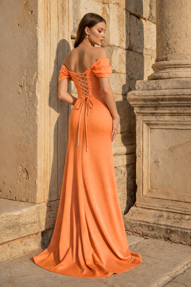Yellow Mermaid Off The Shoulder Satin Long Evening Dress With Flowers - Curvevia