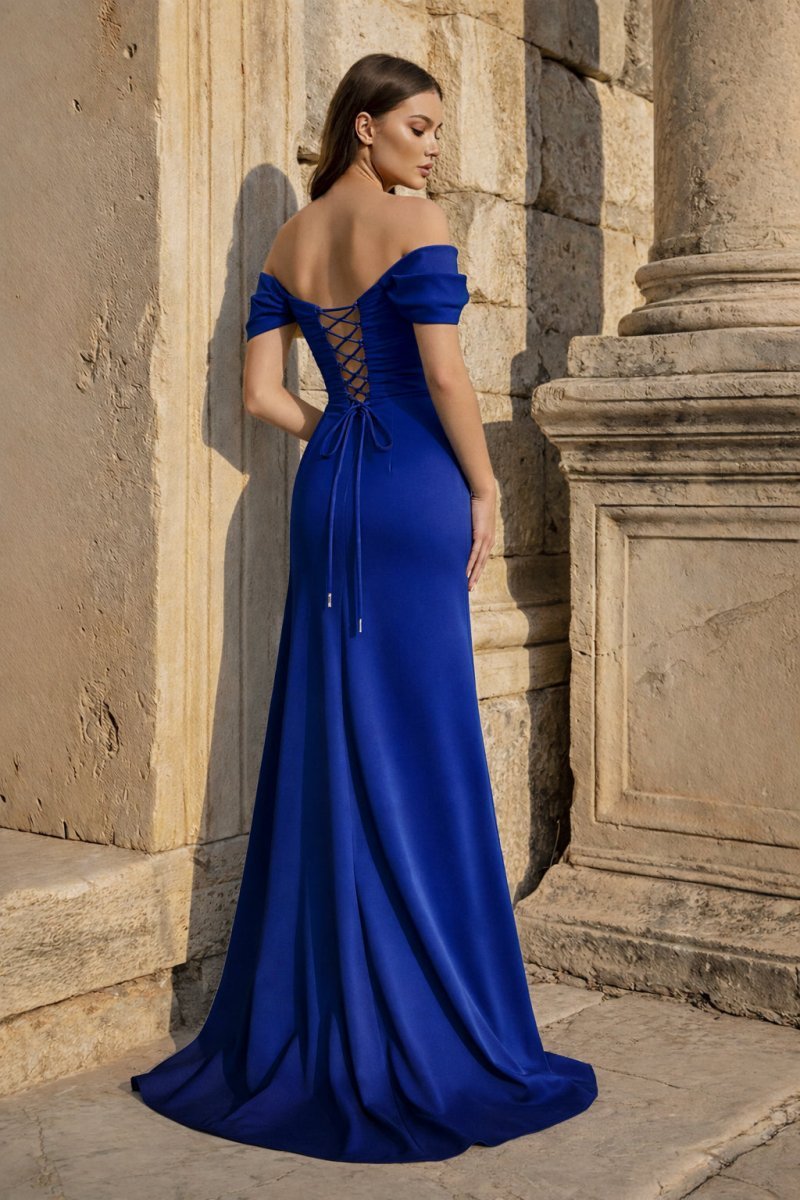 Yellow Mermaid Off The Shoulder Satin Long Evening Dress With Flowers - Curvevia