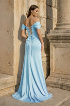 Yellow Mermaid Off The Shoulder Satin Long Evening Dress With Flowers - Curvevia