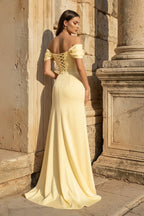 Yellow Mermaid Off The Shoulder Satin Long Evening Dress With Flowers - Curvevia