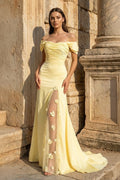 Yellow Mermaid Off The Shoulder Satin Long Evening Dress With Flowers - Curvevia