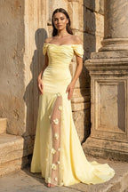 Yellow Mermaid Off The Shoulder Satin Long Evening Dress With Flowers - Curvevia