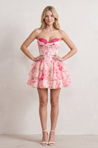 Sky Blue A Line Sweetheart Floral Chiffon Corset Ruffled Wedding Guest Dress - Curvevia