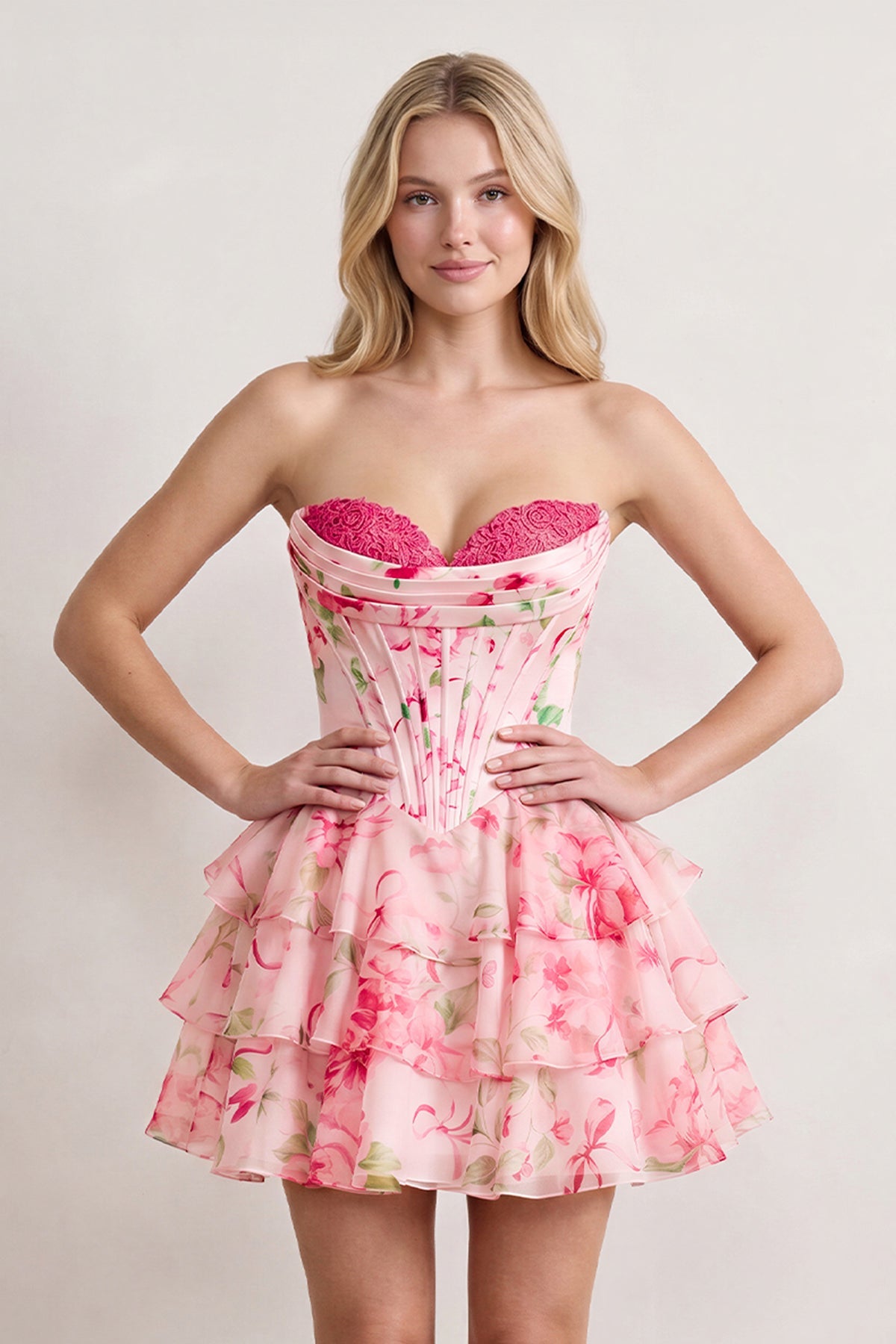 Sky Blue A Line Sweetheart Floral Chiffon Corset Ruffled Wedding Guest Dress - Curvevia