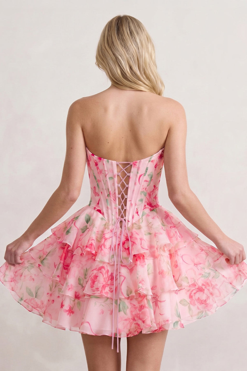 Sky Blue A Line Sweetheart Floral Chiffon Corset Ruffled Wedding Guest Dress - Curvevia