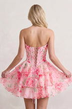 Sky Blue A Line Sweetheart Floral Chiffon Corset Ruffled Wedding Guest Dress - Curvevia