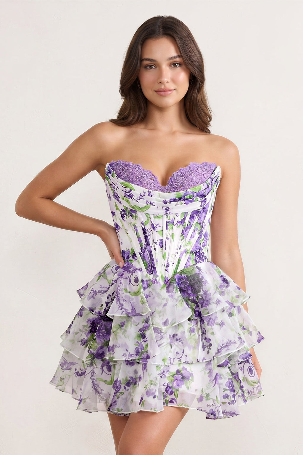 Sky Blue A Line Sweetheart Floral Chiffon Corset Ruffled Wedding Guest Dress - Curvevia