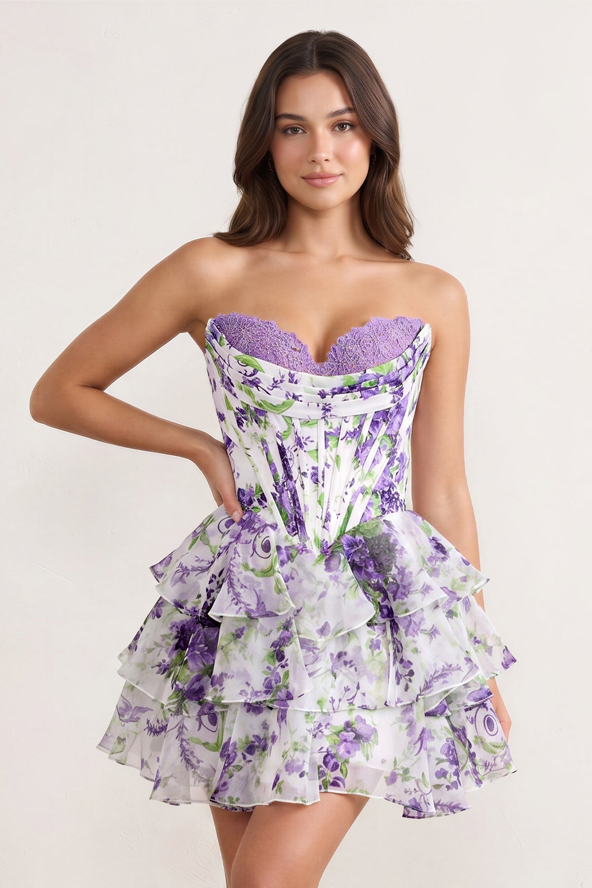 Sky Blue A Line Sweetheart Floral Chiffon Corset Ruffled Wedding Guest Dress - Curvevia