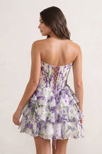 Sky Blue A Line Sweetheart Floral Chiffon Corset Ruffled Wedding Guest Dress - Curvevia