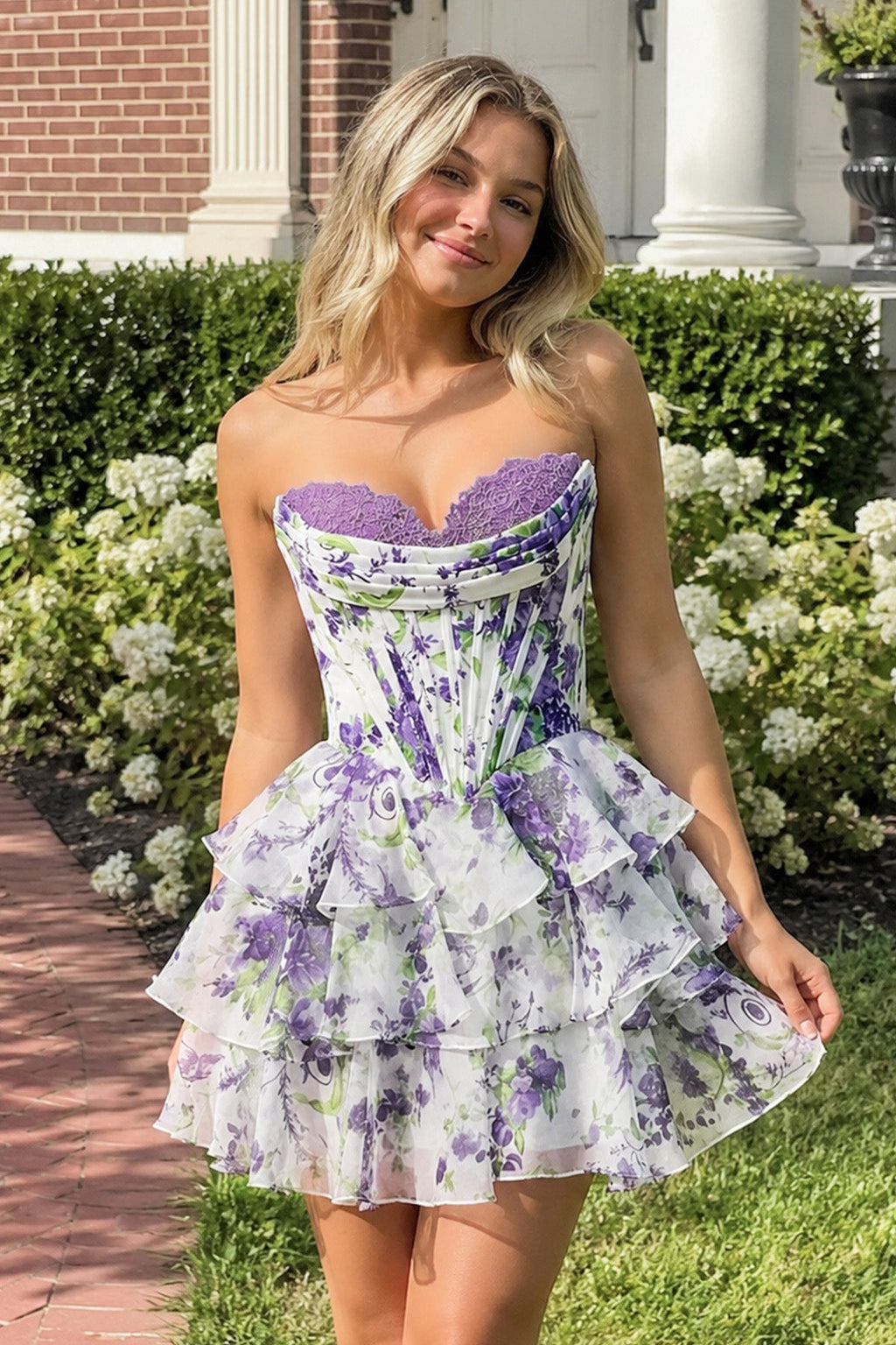Sky Blue A Line Sweetheart Floral Chiffon Corset Ruffled Wedding Guest Dress - Curvevia