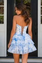Sky Blue A Line Sweetheart Floral Chiffon Corset Ruffled Wedding Guest Dress - Curvevia