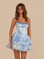 Sky Blue A Line Sweetheart Floral Chiffon Corset Ruffled Wedding Guest Dress - Curvevia