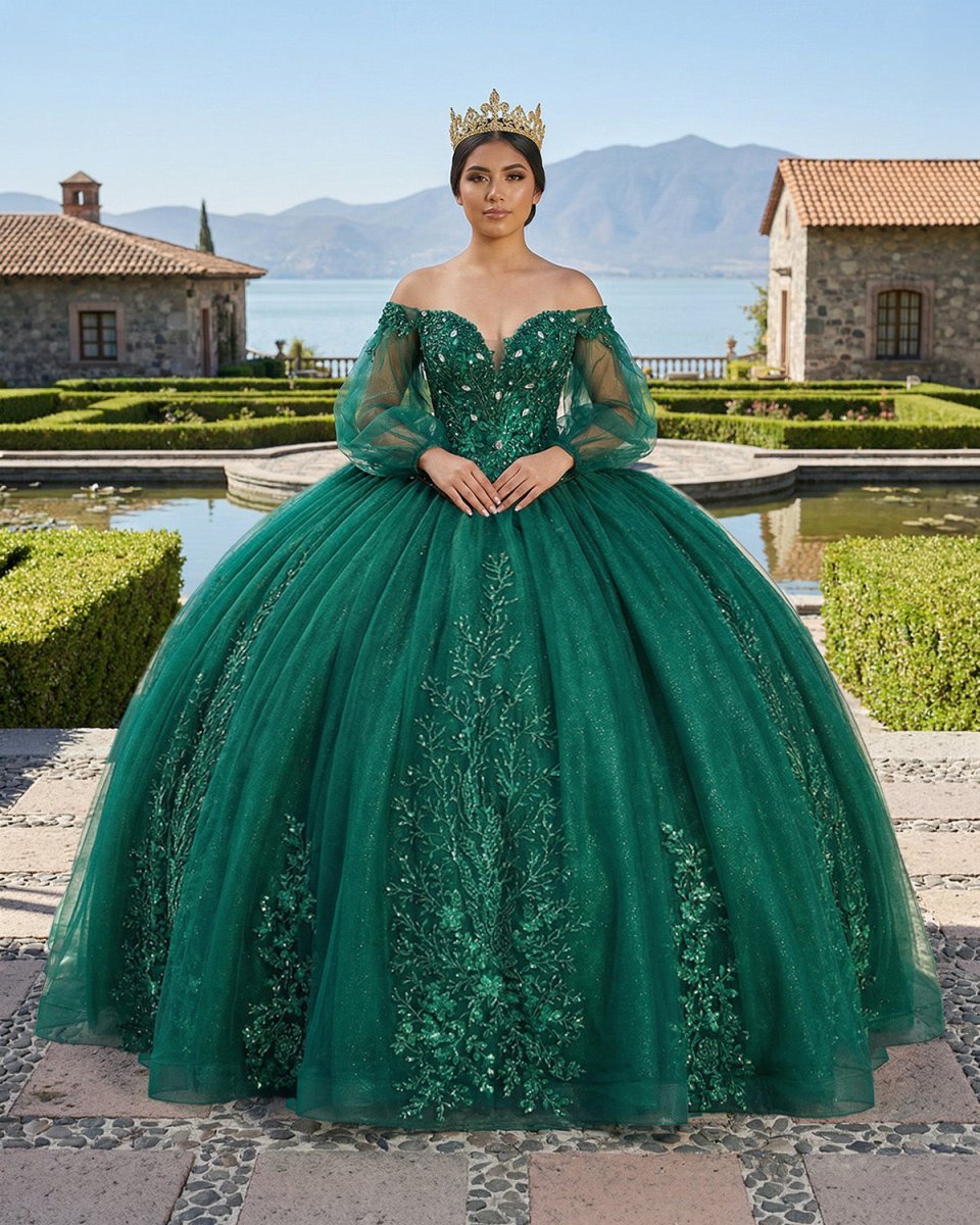 Dark Green Ball Gown Organza Half Sleeves Quinceanera Dress - Curvevia