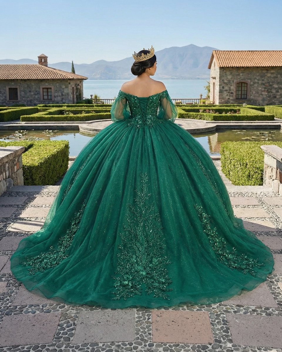 Dark Green Ball Gown Organza Half Sleeves Quinceanera Dress - Curvevia