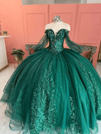 Dark Green Ball Gown Organza Half Sleeves Quinceanera Dress - Curvevia