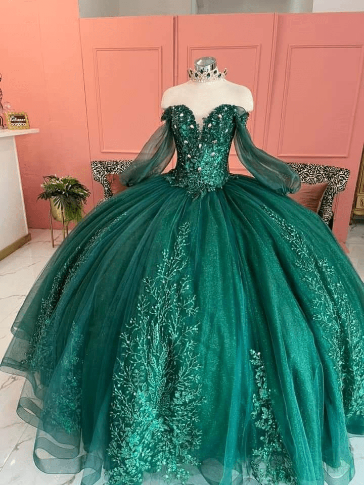 Dark Green Ball Gown Organza Half Sleeves Quinceanera Dress - Curvevia