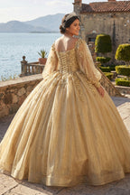 Glamorous Gold Off the Shoulder Glitter Tulle Quinceanera Dress - Curvevia