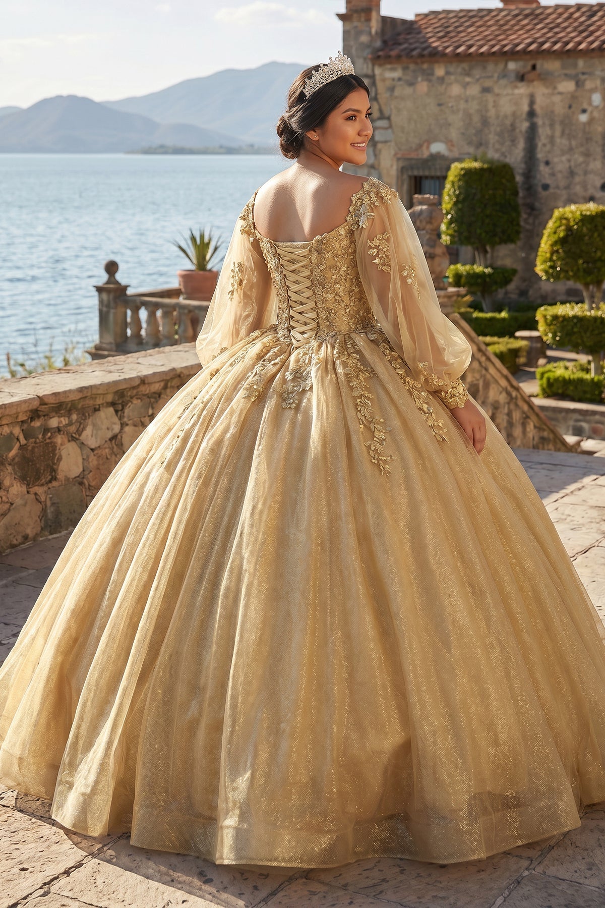 Glamorous Gold Off the Shoulder Glitter Tulle Quinceanera Dress - Curvevia