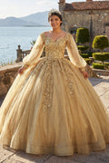 Glamorous Gold Off the Shoulder Glitter Tulle Quinceanera Dress - Curvevia
