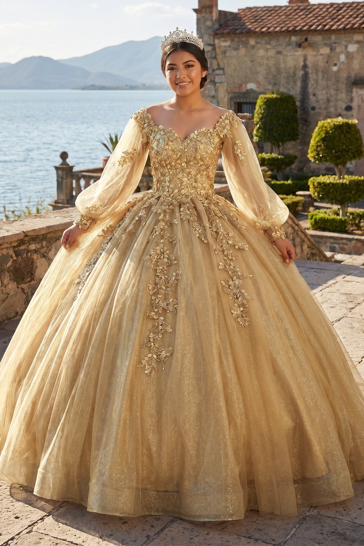 Glamorous Gold Off the Shoulder Glitter Tulle Quinceanera Dress - Curvevia